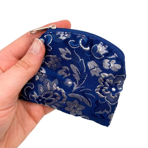 Needzo Blue and Silver Tone Tapestry Rosary Pouch, Religious Case for Keepsake Pendants or Jewelry, Pocket Sized Zipper Mini Bag, 3.75 Inches