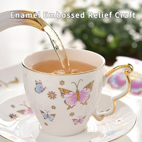 Butterfly Cup and Saucer Set, Bone China Tea Cup and Saucer with Spoon, Porcelain Coffee Mug with Gold Trim, Dishwasher Safe, Gift for Women, Mom, Friends, 6.8 oz