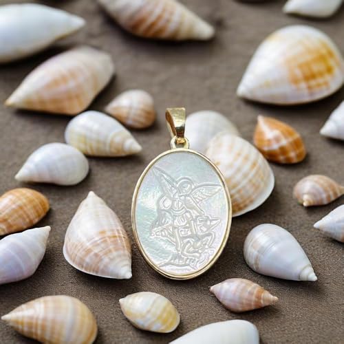KOMI Pendant Necklace for Women, Mother of Pearl Pendant with 18K Gold Plated Necklace, Catholic Jewelry for Women with Soft Velvet Bag St. Michael