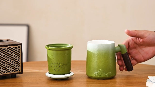 Tmtemn 12oz wood handle tea mug with infuser lid, perfect for brewing loose leaf tea, shown in gift box packaging.