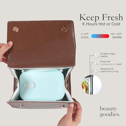 BEAUTYGOODIES Vegan Leather Insulated Lunch Bag for Women, Crocodile Pattern, with Shoulder Strap and Magnetic Closures. Brown