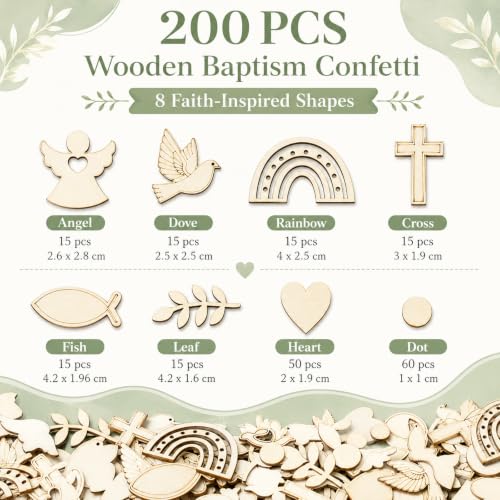 Bolosa Wooden Christening Confetti, 200 Piece Christening Table Confetti with Cross, Angel, Dove and Rainbow, Baptism Table Scatter, Baby Shower Decorations and Christening Party Decorations