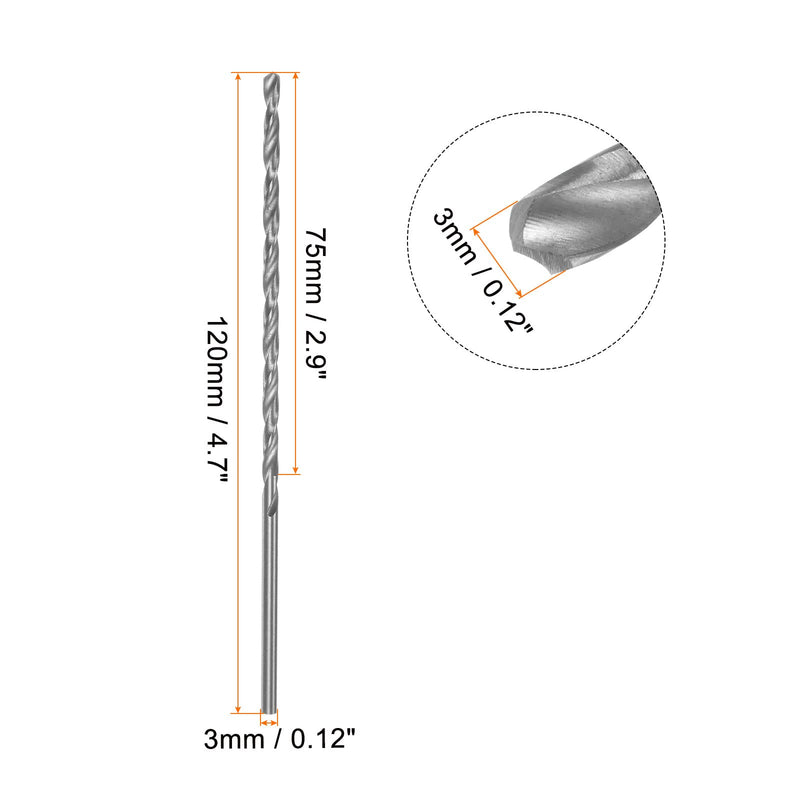 [Australia - AusPower] - QUARKZMAN Extra Long Spiral Drill Bits 3 mm HSS Drill Bit with High-Speed Steel Straight Shank Drill Bits 120 mm Length for Metal Woodwork Plastic Aluminium Alloy Pack of 10 3mmx120mm 
