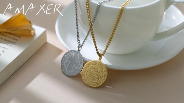 Amaxer Saint Benedict of Nursia Adjustable Necklace for Women Men Saints Medal Religious Protection Pendant Amulet Jewelry silver