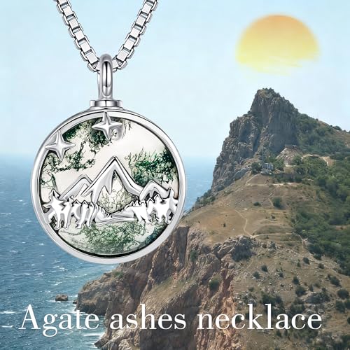 YAFEINI Mountain Urn Necklaces for Ashes 925 Sterling Silver Moss Agate Cremation Pendant Cremation Jewellery Gifts for Women Men
