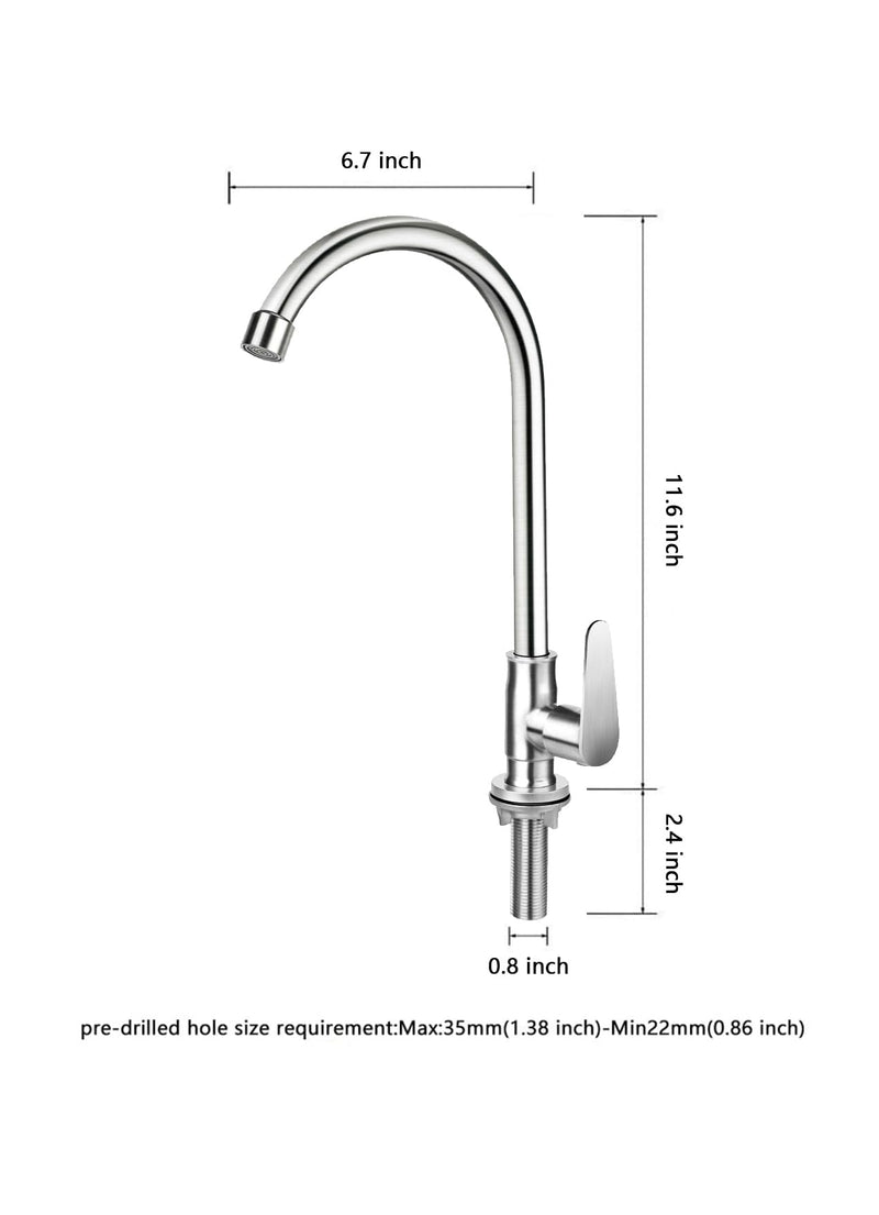 Brushed Nickel Cold Water Faucet Only,SUS304 Stainless Steel Single Handle Single Hole Cold Water Faucet for Kitchen,Outdoor and Bar(Longer Thread Pipe)