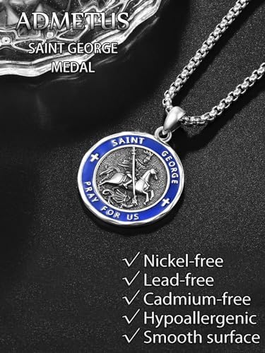 ADMETUS Sterling Silver St George Necklace for Men Blue Enamel Saint George and Dragon Medal Amult Pendant Protection Jewelry Religious Gifts