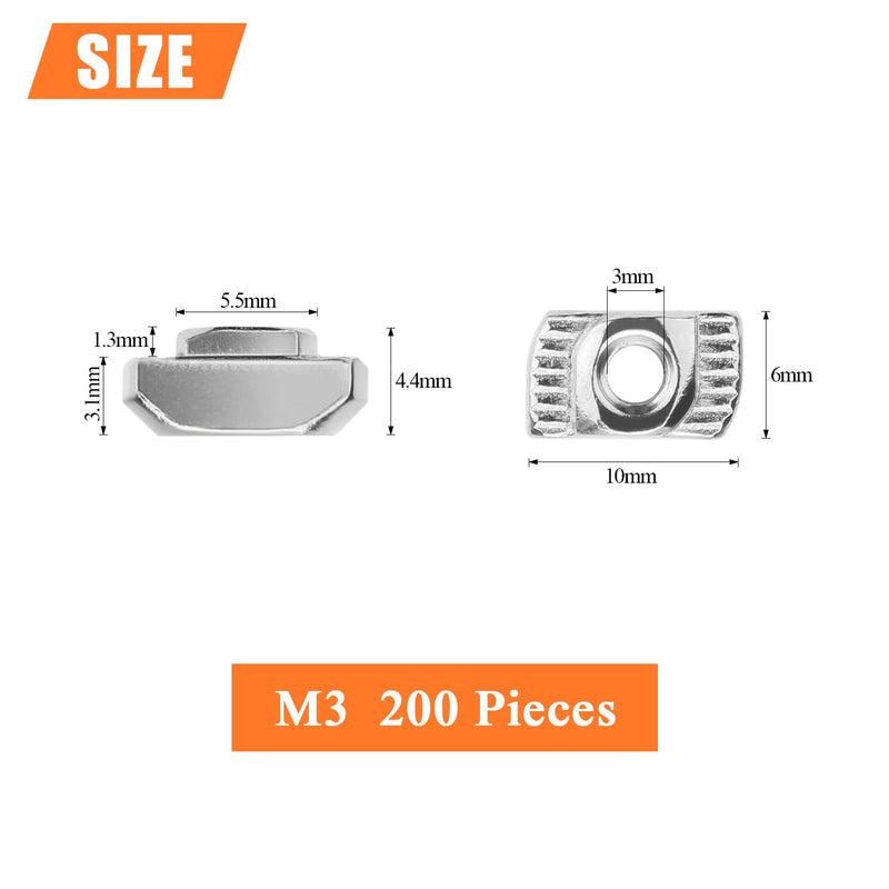 [Australia - AusPower] - 200 Pieces 2020 Series M3 T Nuts, M3 T Slot Nuts for Aluminum Profile M3 (200 PCS) 