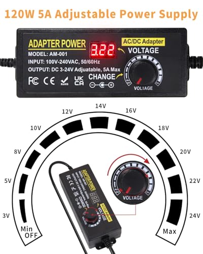Adjustable Power Adapter 3-24V 5A 120W, Universal Power Supply 120W Adjustable Power Supply Adapter, 100V-240V AC to DC 5A Power Supply with LED Voltage Display and 5.5 x 2.5 mm 14 Tips & Polarity Cable