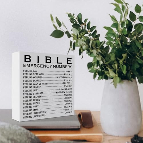 Bible Emergency Number, Christian Desk Sign Decor, Religious Decor for Home Office Cubicle Bedroom Desk Table Scripture Bible Verse Decorations Wooden Sign Christian Gift for Women Men A