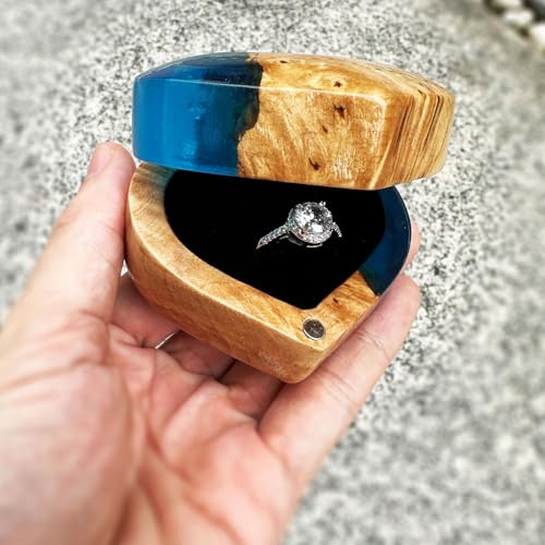 Heart Shaped Ring Gift Box, jewelry organizers and storage,Personalized Wooden Ring Box, Double Slotted Ring Holder, Wedding, Engagement, Proposal, Birthday and Anniversary Jewelry Display Box blue
