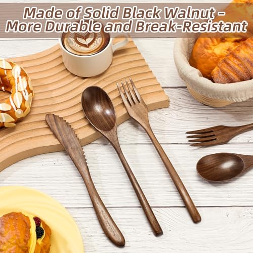 Geiserailie 12-piece wooden utensil set with walnut spoons, forks, and knives for serving and dining.