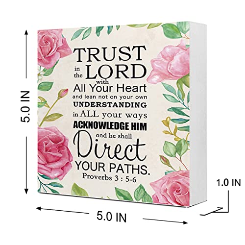 Proverbs 3:5-6 Trust in the Lord with All Your Heart Wooden Box Sign,Christian Desk Decor for Women,Religious Wood Signs,Bible Scripture Shelf Decor,Christian Faith Décor