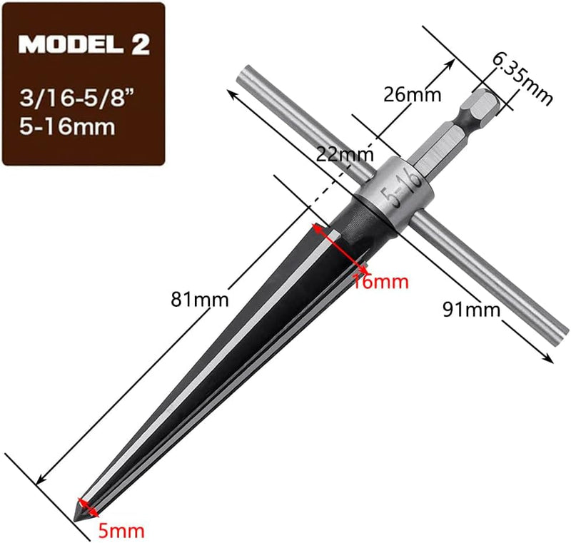 Bestgel 2pcs Tapered Reamer, 6 Fluted Chamfer Reaming T Handle Taper Reamer Drilling Tool (3-13mm & 5-16mm)