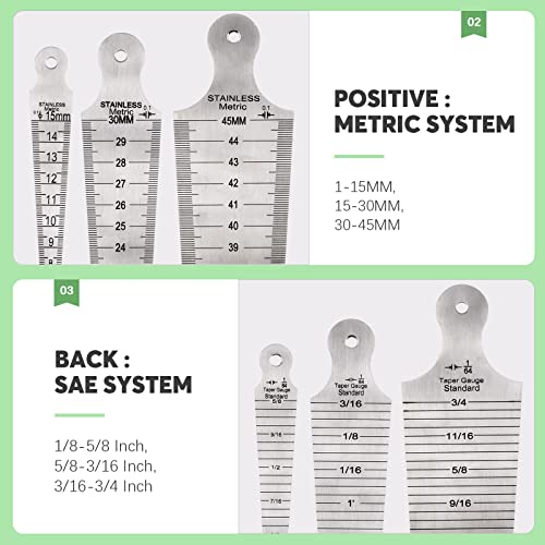 Keadic stainless steel welding taper gauge set with 3 feeler rulers for gap and hole size measurement