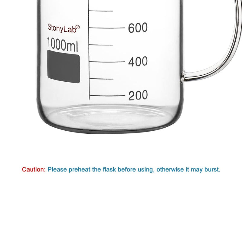 stonylab Glass Beaker with Handle, Borosilicate Glass Graduated Low Form Griffin Beaker with Handle and Pouring Spout, 1000 ml (Pack of 2) 1000 ml (Pack of 2)