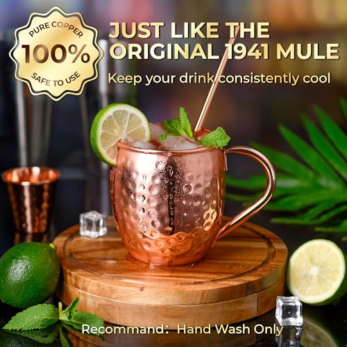 Moscow Mule Mugs, 4pcs Set of 16oz Copper Cups, Handcrafted Traditional Design, Gift Set with Straws, Spoon, Cleaning Brush & Shot Glass, Insulated, Reusable