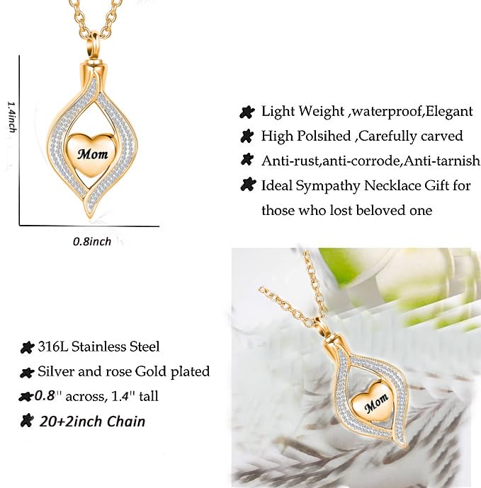 Gold Cremation Necklace for Ashes Always in My Heart Mom/Dad/Grandma Urn Ash Keepsake Memoril Teardrop Pendant Urns for Human Ashes Adult Female