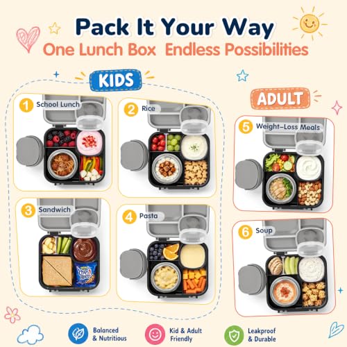 Bento Box for Kids,Leak-Proof Lunch Container with 9oz Insulated Food Jar Black Gray