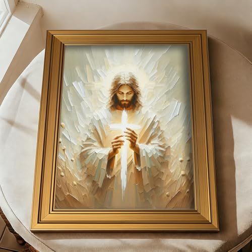 Golden Framed Jesus Wall Art Christian Canvas Painting Jesus Holding Cross Religious Wall Decor Cross Poster Prints Stripe Painting Picture for Living Room Bedroom Church Home Decoration 12x16 Inch white-poster 12"L x 16"W