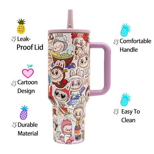 40 oz Tumbler with Handle and Flip Straw Lid, Cup Holder Friendly Insulated Stainless Steel Travel Mug, Gifts for Women & Men Labubu