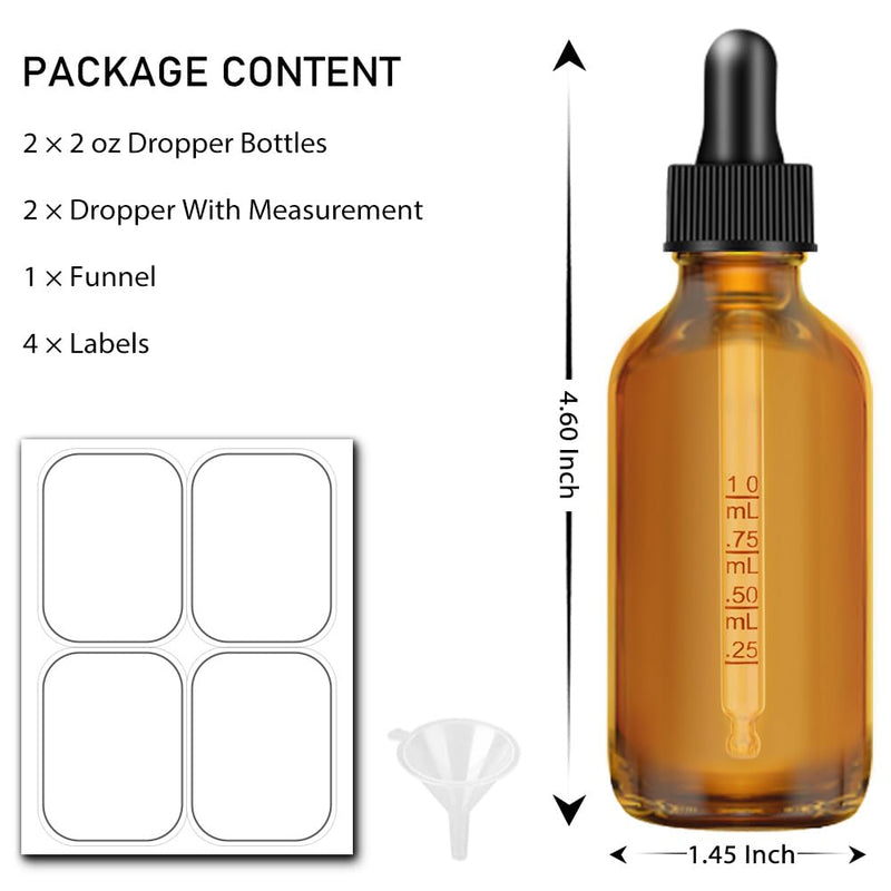 [Australia - AusPower] - Dropper Bottle 2 oz, 2 pack Amber Glass Eye Dropper Bottles with Labels and Funnel, Tincture Bottle with Measured Dropper - Leakproof Essential Oils Bottles 
