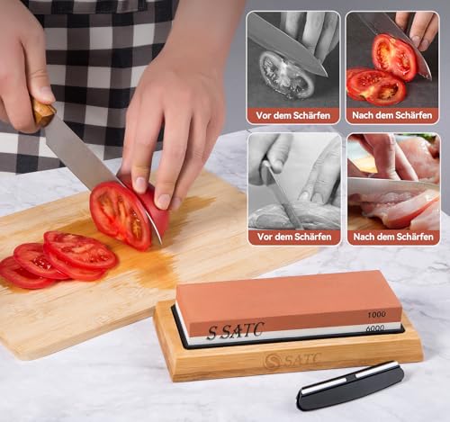 S SATC Sharpening Stone Knife Grit 1000/6000 Whetstone Professional Sharpening Stone 4-in-1 Knife Sharpening Stone Sharpening Stone with Non-Slip Bamboo Base and Angle Guide 4 In 1