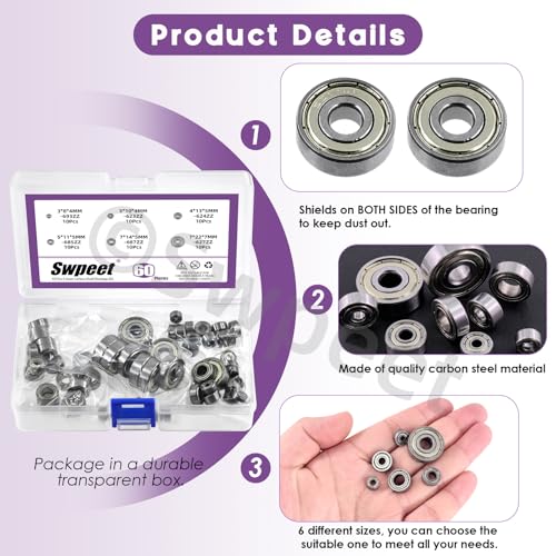 Swpeet 60Pcs 6 Sizes 693ZZ, 623ZZ, 624ZZ, 685ZZ, 687ZZ,627ZZ Ball Bearings Assortment Kit, Carbon Steel Deep Groove Bearings, Double Shielded Bearings