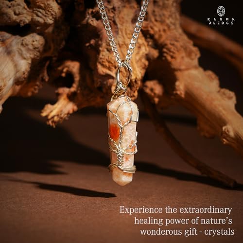 KARMAPLEDGE Crystal Necklace Birthday Gifts for Women, Mom, Natural Sunstone Healing Crystal Pendant Necklaces for Chakra Balance, Good Luck, Positivity, Meditation, Tree of Life Crystal Jewelry