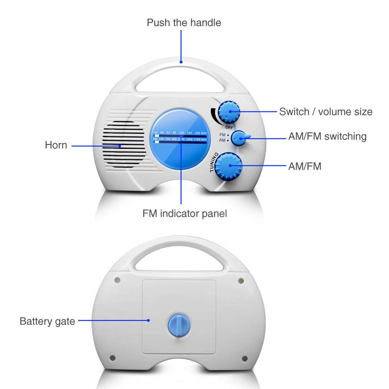 [Australia - AusPower] - Shower Radio, Portable AM/FM Shower Radio, Waterproof Hanging Shower Radio Built-in Speaker Adjustable Volume Battery Operated Shower Radios for Bathroom Kitchen, Outdoor(Blue+White) Blue+white 