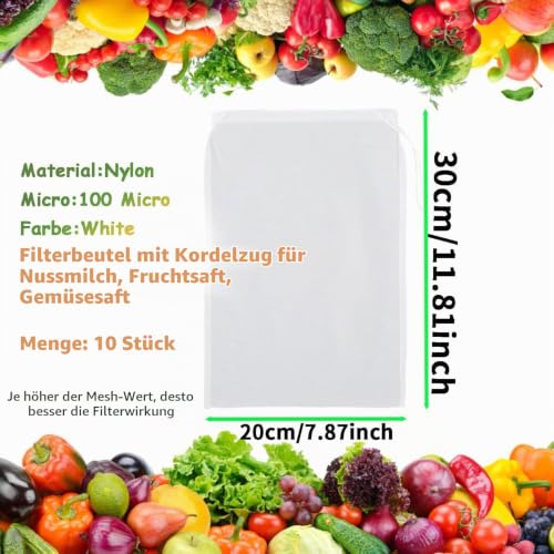 Pack of 10 Nut Milk Bags 20 x 30 cm Straining Cloth 100 Micron Nylon Straining Cloth Reusable Cheesecloth Cheesecloth Washable Filter Bags for Nut Milk Yoghurt Vegetables Coffee Fruit Juice Fruit Juice 100 Micro/20×30cm/10pcs