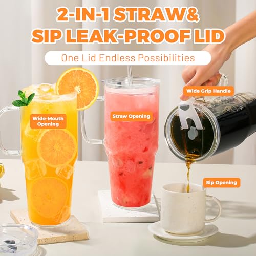 Birity 2Pack 40OZ Glass Tumbler with Handle,Glass Cup with Lid and Straw,Reusable Glass Iced Coffee Cup for Beer, Smoothies, Juice,Hot/Cold Drinks-Suitable for Birthday,Wedding 40 oz 2-pack borosilicate