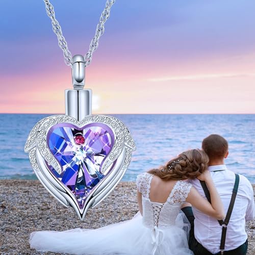 Cremation Jewelry Angel Wing Heart Urn Necklace for Ashes for Women Memorial Human Pet Ashes Pendant Silver-Purple