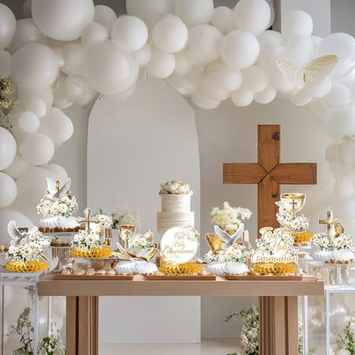 First Holy Communion Honeycomb Centerpieces, Baptism Decorations, God Bless Religious Table Centerpiece, First Communion Table Decor, Baptism Christening Baby Shower Birthday Party Decorations 9PCS