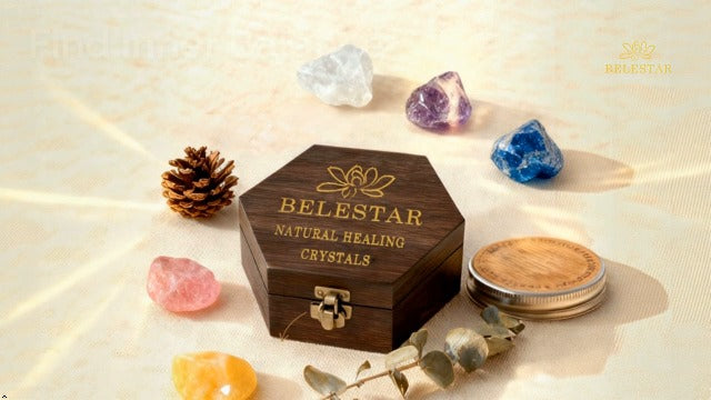 7 Chakra Healing Crystals Set - 7 Raw Stones, Wooden Box & Guide 7 Colors