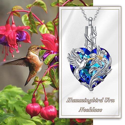 VONALA Hummingbird Urn Necklace for Ashes S925 Sterling Silver Hummingbird Cremation Jewelry for Ashes for Women Hummingbird Memory Ashes Keepsake Necklace for Loss Loved Ones Women Blue