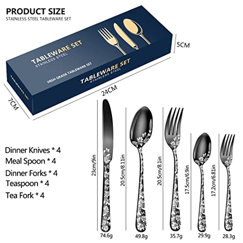 XIAOYU 20-piece stainless steel flatware set with colorful rainbow finish, includes knives, forks, spoons for four, dishwasher safe.