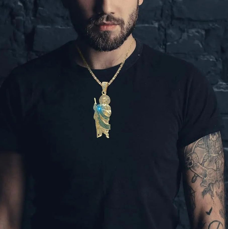 14K Gold Filled San Judas Necklace For Women And Men - Green Saint Jude Pendant Necklace, St Jude Tadeo Medalla Cadena Oro Laminado, Catholic Religious Christian Jewelry 3 - San Judas Necklace