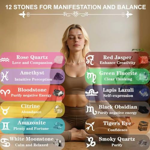 Set of 12 Raw Crystals and Healing Stones for Each Month with Guide, Meditation Tools for Chakra Work, Reiki and Energy Healing with DIY Necklace Set and Clear Quartz Pendant, Unique Gift