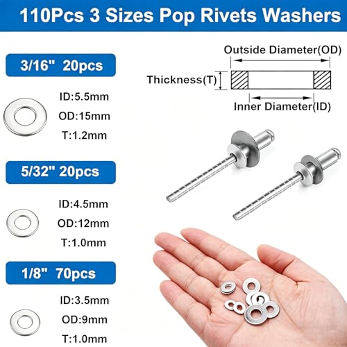 Seept 240-piece 304 stainless steel blind rivets with washers assortment kit in seven sizes, silver finish