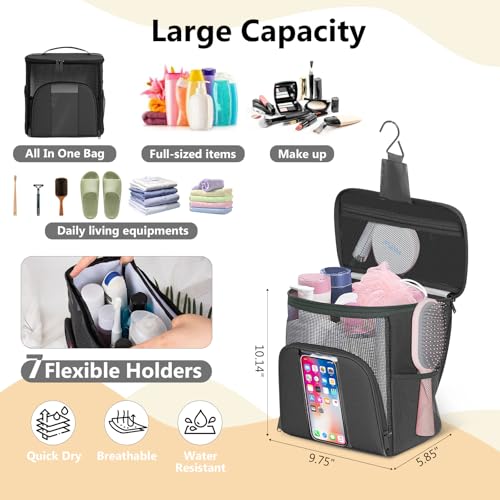 Mesh Shower Caddy Portable Beach Bag College Dorm Room Essentials Tote Bag for Bathroom,Gym,Travel,Camping Quick Dry Hanging Shower Organizer Bags for Women Men College Student Black