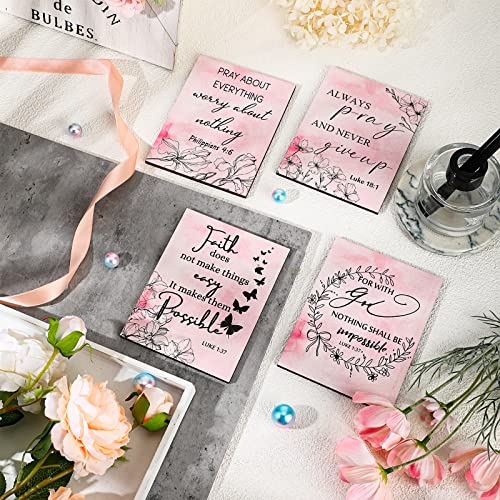 Yulejo 4 Pcs Pink Inspirational Desk Decor Christian Gifts for Women Motivational Office Desk Accessories Decor Sign Bible Verse Wood Block Plaque Positive Centerpiece for Mother Girls Faith Gifts