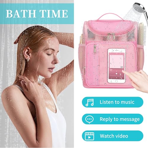 Pink medium hanging shower caddy by Bagmoly, portable travel toiletry bag with multiple compartments for college use.