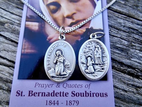 Saint Bernadette Necklace, Patron Saint Necklace, Double-sided Our Lady of Lourdes on the reverse, 20" Stainless Steel Venetian Box Chain