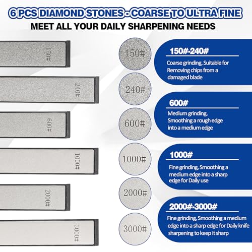 Diamond Whetstone Set of 6, Small Diamond Whetstones 150-3000 Grit, Sharpening Rod for Knives, Kitchen Knives, Scissors & Tools, Dry Use, Ideal for Daily Knife Care