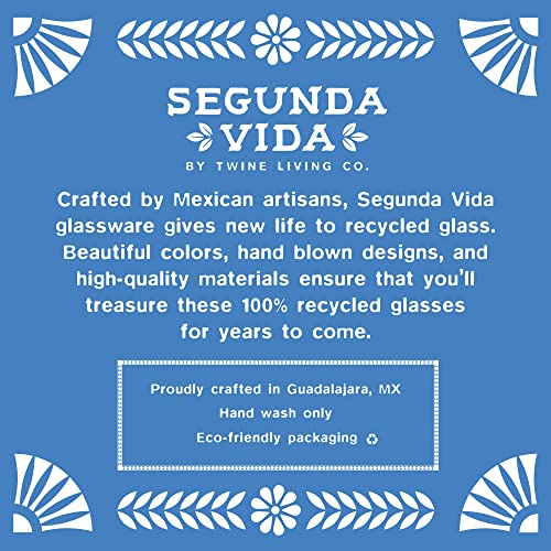 Segunda Vida Primavera Hand Blown Short Tumblers, Recycled Drinking Glasses with Blue Rim for Margarita, Tequila, Cocktails, Iced Drinks, Birthday Gifts for Women, Mexican Glassware, 12 oz, Set of 2 Cocktail Glasses