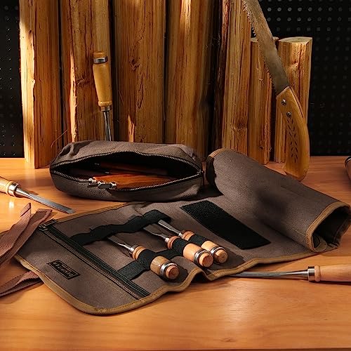 Denifiter grey waxed canvas tool bag with roll-up wrench organizer, detachable pouch, and zipper pockets