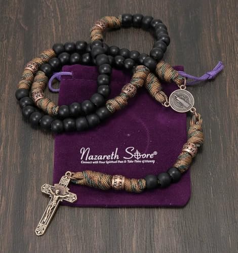 Nazareth Store Paracord Rosary Necklace 8mm Black Beads Antique Bronze Strong Rugged Corded Catholic Rosary with St.Michael Medal & Cross Crucifix Brown Paracord Copper St.Benedict