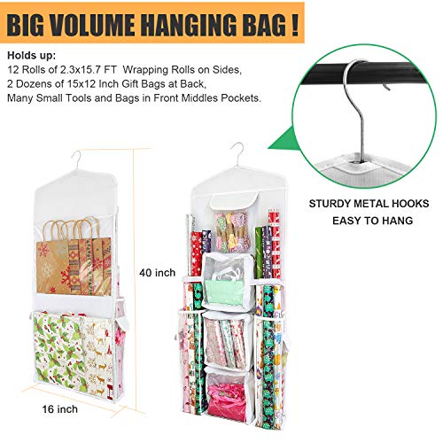 White SumDirect double-sided gift wrap organizer with hanging pockets for storing wrapping paper and gift bags.
