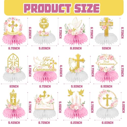 First Communion Decorations Honeycomb Centerppieces, 12Pcs Pink and Gold First Communion Centerpieces for Tables, God Bless Religious Table Centerpices for Girls Baptism Mi Primera Comunion